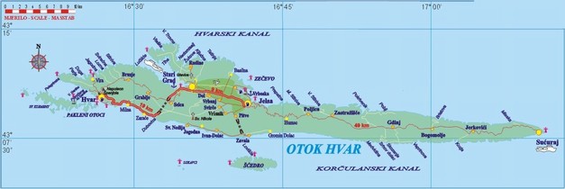 Mapa ostrova Hvar